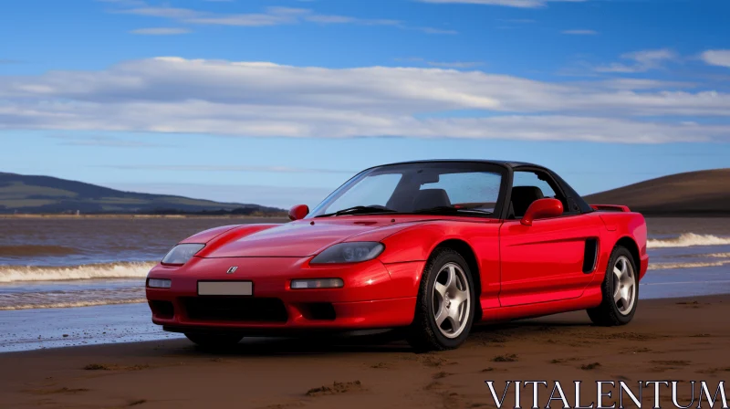 Red Sports Car on Beach - Captivating Realism and Atmospheric Beauty AI Image