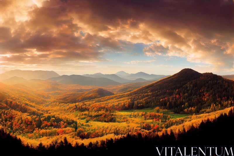 Tranquil Countryside Landscape with Trees and Mountains AI Image