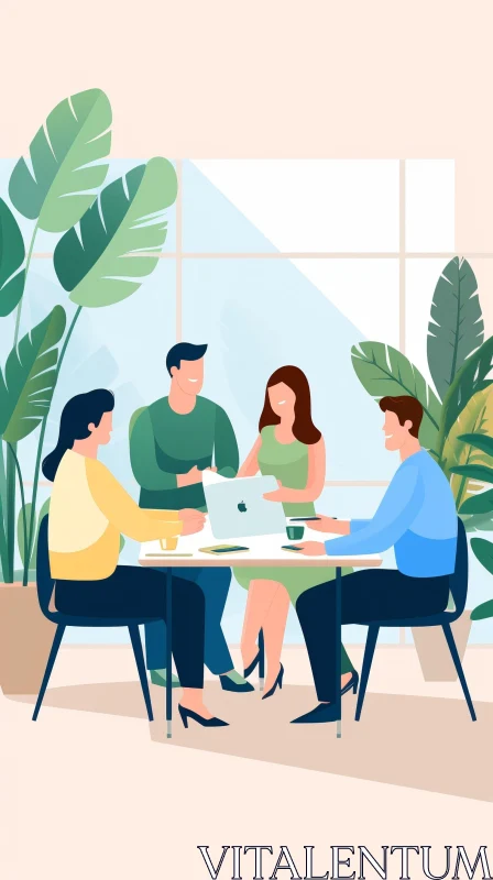 Cheerful Conversation at Wooden Table AI Image