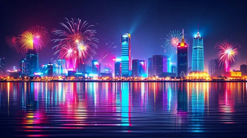 City Night View with Colorful Fireworks and Reflection