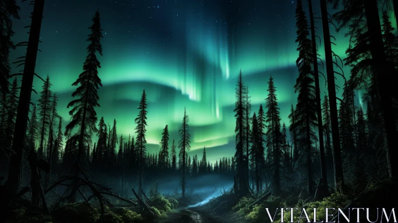 Night Forest with Aurora Borealis - Natural Light Display AI Image