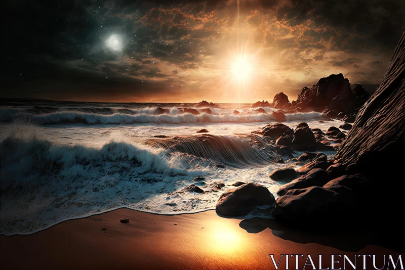 Romantic Ocean Waves and Cosmic Imagery - Dreamlike Shore AI Image