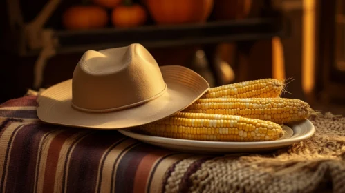 Rustic Still Life: Cowboy Hat and Corn Plate Composition