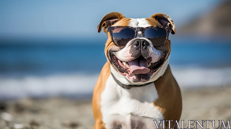 Adorable English Bulldog at Beach with Sunglasses AI Image