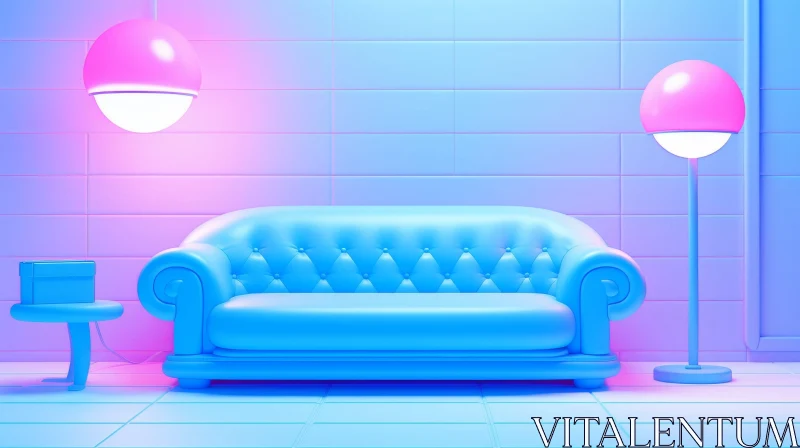 AI ART Blue Retro Sofa in Pink Room