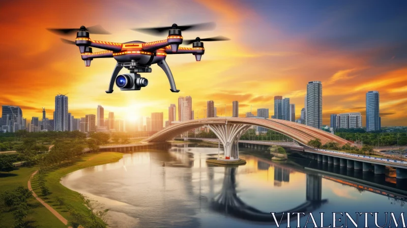 City Drone Photography: Sunset Over Urban River AI Image