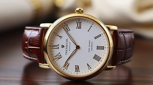 Classic Wristwatch with Gold Case and Brown Leather Strap