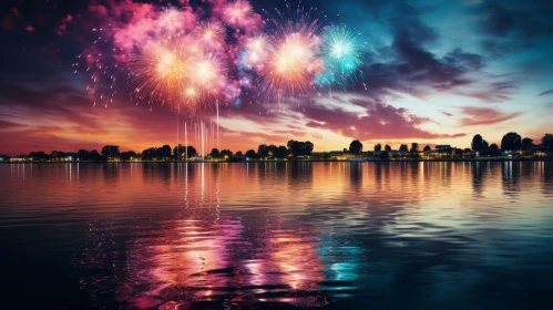Dusk Lake Landscape with Fireworks