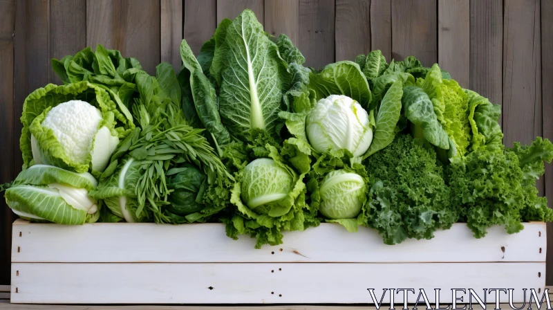 AI ART Fresh Green Leafy Vegetables in Wooden Box