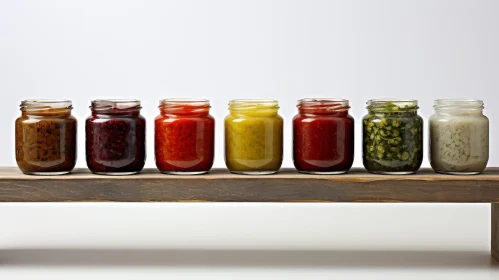 Glass Jars Filled with Various Food Items on Wooden Shelf