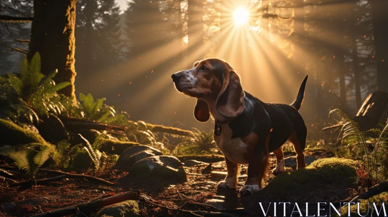Majestic Beagle in Forest Sunlight AI Image