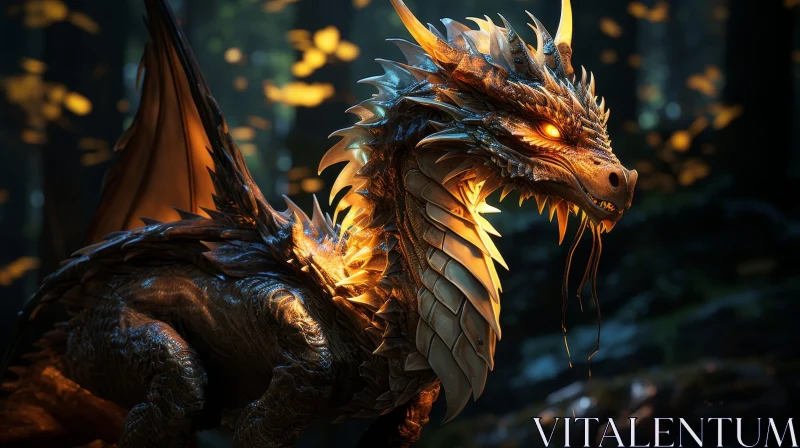 Majestic Black and Gold Dragon in Dark Forest AI Image