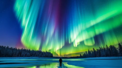 Man on Frozen Lake Watching Aurora Borealis
