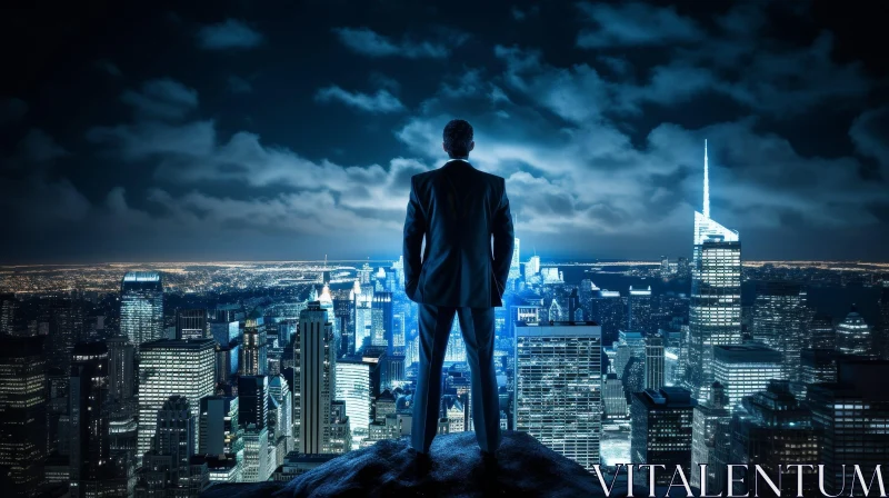 Mysterious Man on Rooftop Overlooking City at Night AI Image