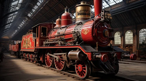 Red Steam Locomotive in Industrial Setting