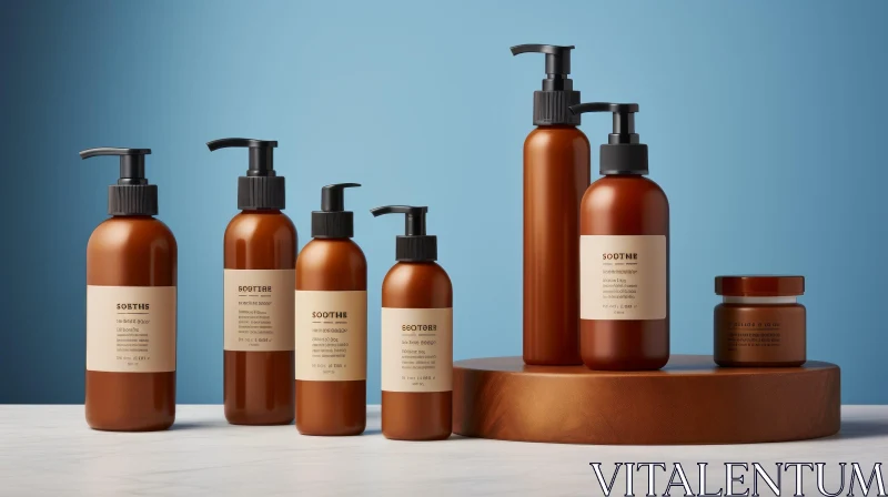 Soothe Body Care Products in Brown Plastic Bottles on Wooden Podium AI Image