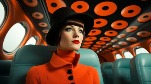 Stylish Woman in Orange Coat in Retrofuturistic Airplane