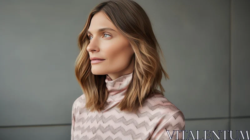 Young Woman in Pink Turtleneck Blouse with Thoughtful Expression AI Image