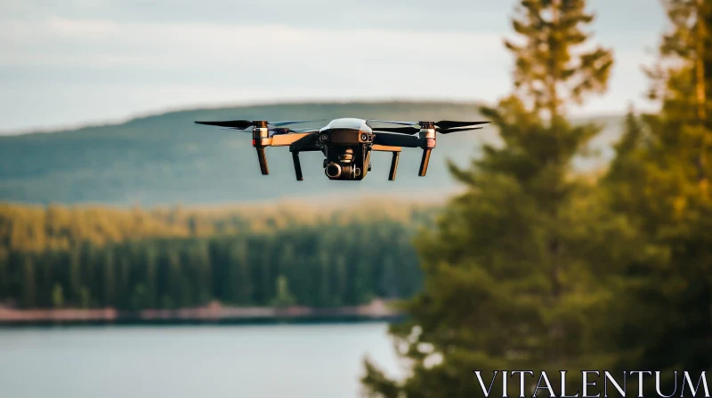 Black Drone Flying Over Lake with Trees - Aerial Photography AI Image