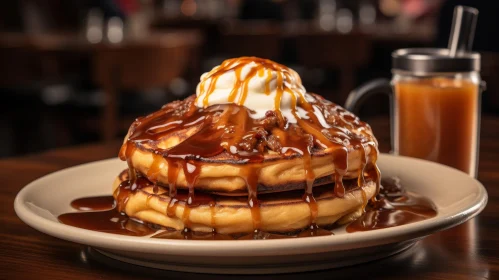 Delicious Golden Pancakes with Whipped Cream and Caramel Sauce