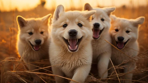 Happy Puppies Playing in Field at Sunset