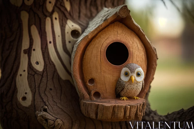Intricate Woodwork: Small Owl on Tree Near Birdhouse AI Image
