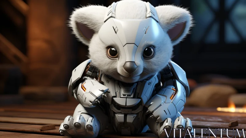 Robotic Koala in Armor on Wooden Surface AI Image
