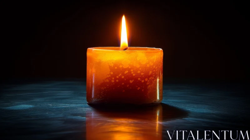 Bright Orange Candle Flame on Dark Blue Surface AI Image
