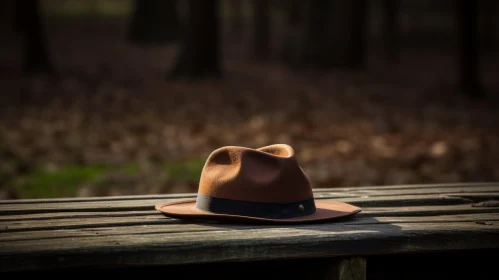 Brown Felt Hat on Wooden Table in Forest Setting
