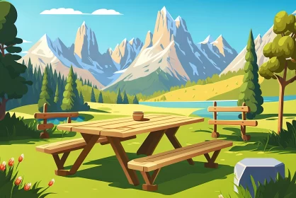 Captivating Mountain Landscape with Picnic Table - Cartoon Compositions