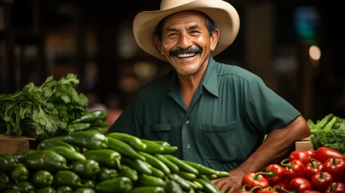 Cheerful Mexican Man in Market with Vegetables