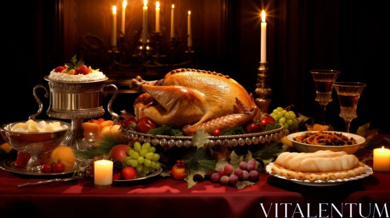 Festive Dinner Table with Roasted Turkey and Traditional Sides AI Image