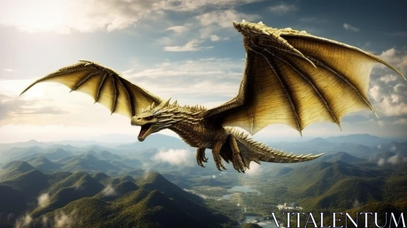 Golden Dragon Flying Over Mountain Range - Digital Art AI Image