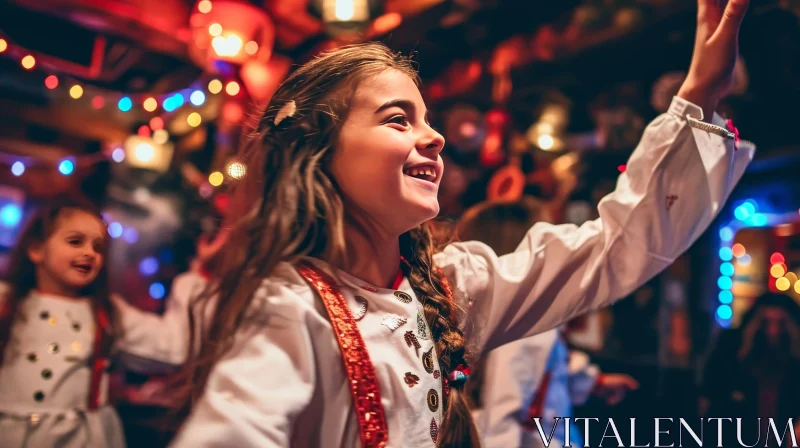 Happy Girl Dancing at Party with Traditional Costume AI Image
