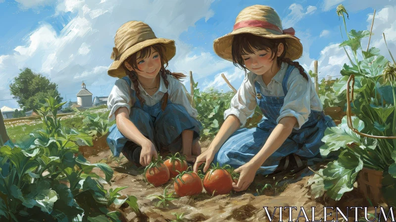 AI ART Harvesting Tomatoes: Two Girls in a Beautiful Field