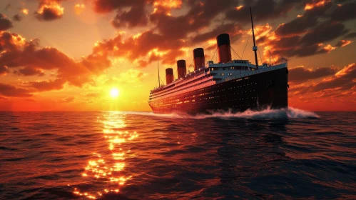 Ocean Liner Titanic Sailing at Sunset