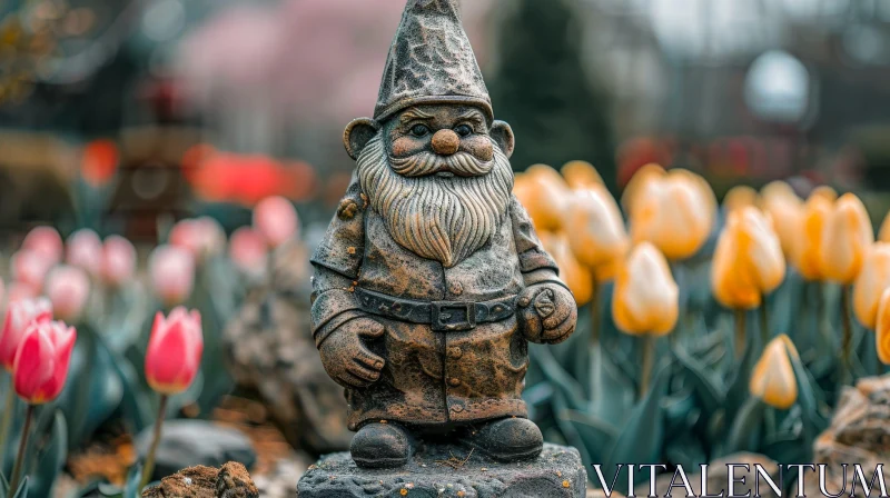 Stone Garden Gnome in Flower Bed AI Image