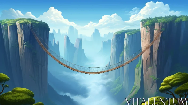 Suspension Bridge Over Chasm - Digital Painting AI Image