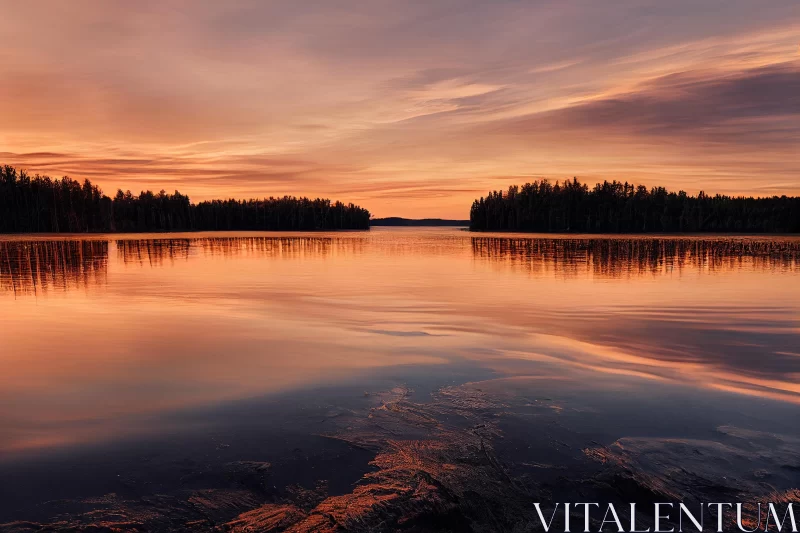 Tranquil Lake at Sunrise or Sunset with Reflection of Trees AI Image