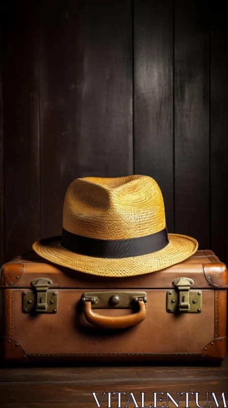 Vintage Style Still Life: Straw Hat on Vintage Suitcase AI Image