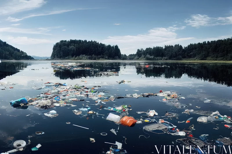 A Disturbing Vision: A Lake Filled with Plastic Debris AI Image