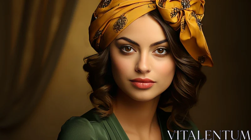 Beautiful Woman Portrait with Yellow Turban AI Image