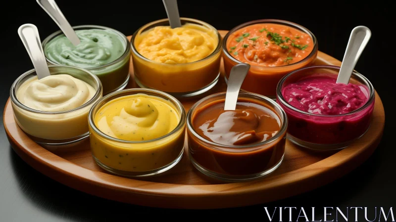 Colorful Sauces in Glass Bowls on Wooden Tray AI Image