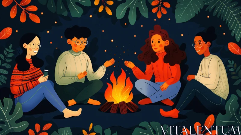 Cozy Night with Friends around Campfire AI Image