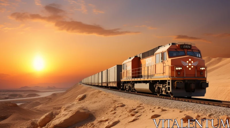 AI ART Desert Freight Train at Sunset