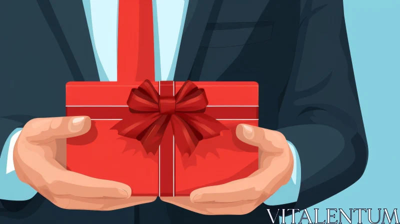 Man Holding Red Gift Box - Blue Background AI Image