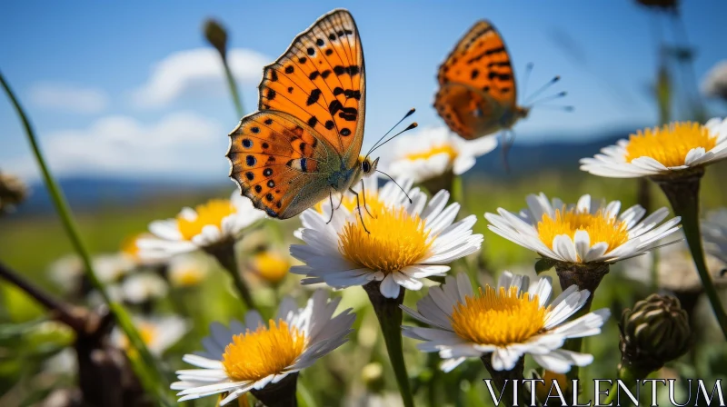 AI ART Orange Butterflies on Daisy Flower Close-up