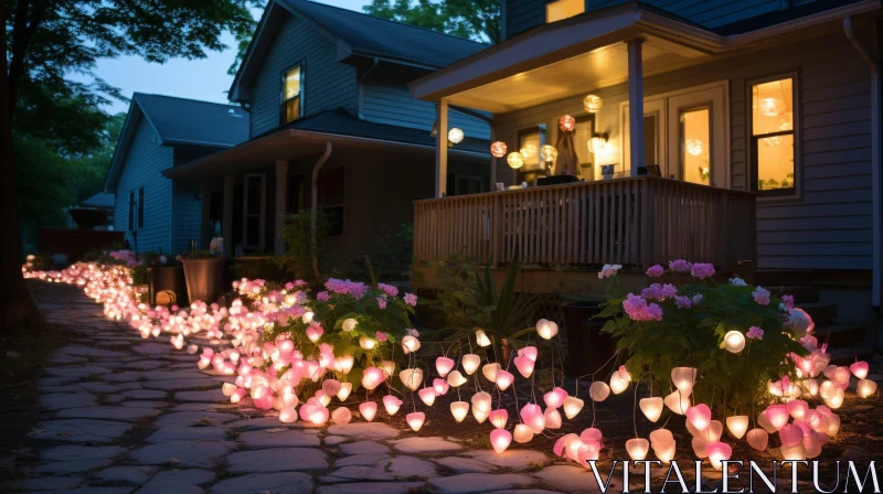 AI ART Serene Backyard Path with Heart-shaped Lanterns