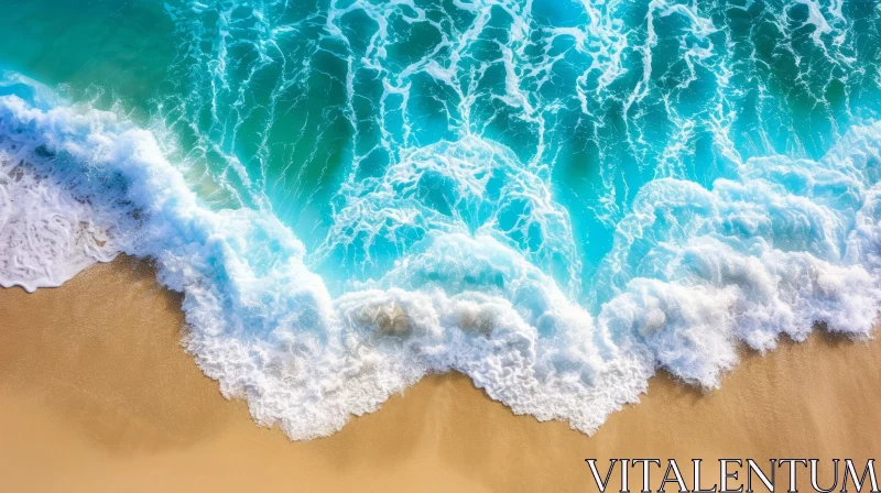 Top View Beach Scene with Turquoise Ocean Waves AI Image