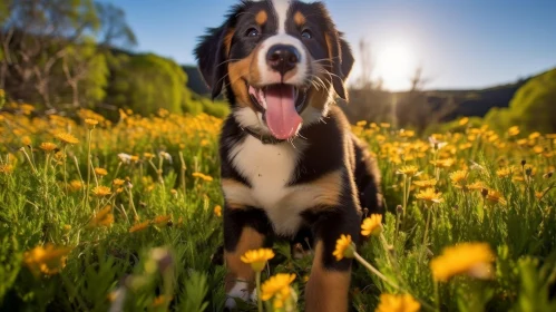 Adorable Bernese Mountain Dog Puppy in Flower Field